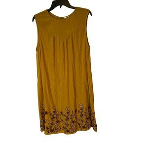 Womens Sleeveless Dress Size Large Embroidered Floral Hem Mustard A Line Rayon